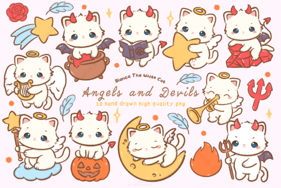 Download Kawaii White Cat Angels and Devil - Devil Collection